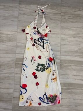 Urban Outfitters White One-Shoulder Halter Dress with Multicolor Print
